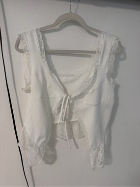 Lace-Trim White Tie-Front Women's Top